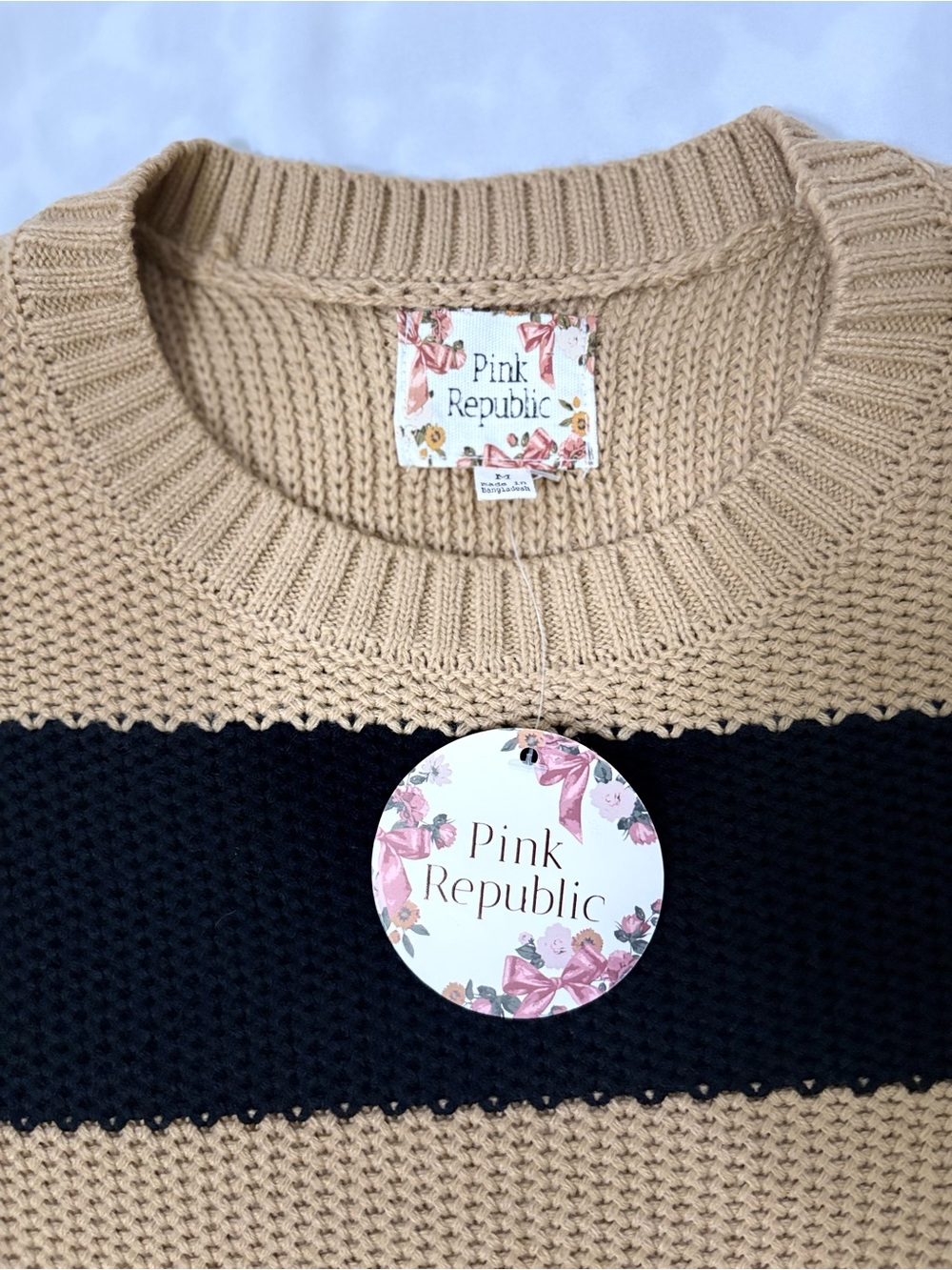 Pink Republic Beige and Black Striped Crew Sweater - Picture 4 of 4